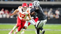 Kansas City Chiefs tight end Travis Kelce (87) runs a route against the Las Vegas Raiders during the fourth quarter at Allegiant Stadium.