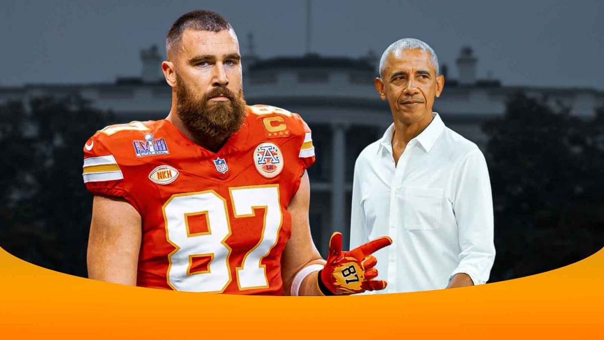 NFL Kansas City Chiefs tight end Travis Kelce next to Barack Obama and White House in the background.