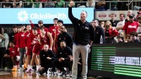Miami (OH) RedHawks head coach Travis Steele works the sideline against the Ohio Bobcats in the overtime period at the Convocation Center.