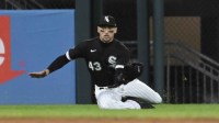 Chicago White Sox center fielder Trayce Thompson (43) catches a fly ball by Kansas City Royals third baseman Matt Duffy (15) during the fourth inning at Guaranteed Rate Field.