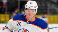Edmonton Oilers center Trent Frederic (10) warms up before a game against the Vegas Golden Knights at T-Mobile Arena.