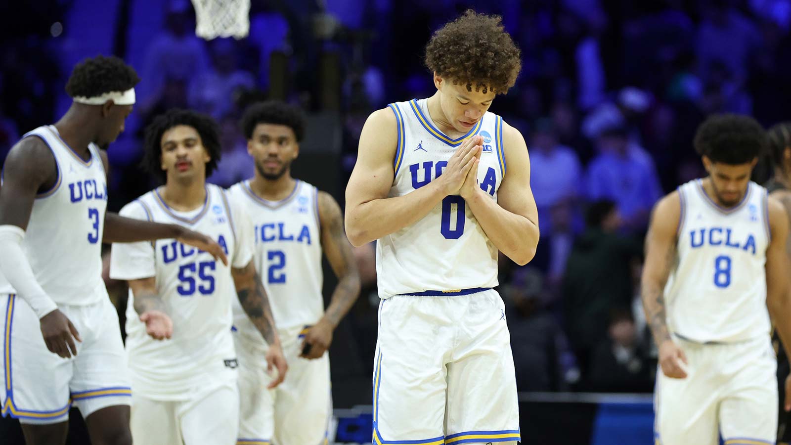 UCLA Bruins guard Trent Perry (0) reacts after defeating the UCF Knights during a first round game of the men's 2026 NCAA Tournament at Xfinity Mobile Arena.