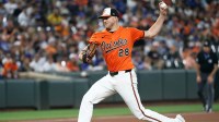 Baltimore Orioles pitcher Trevor Rogers (28) throws during the fourth inning against the Los Angeles Dodgers at Oriole Park at Camden Yards.