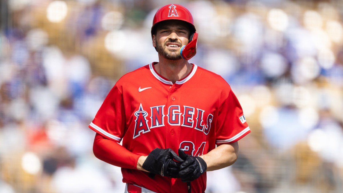 Los Angeles Angels first baseman Trey Mancini against the Los Angeles Dodgers during a spring training game at Camelback Ranch-Glendale.