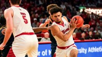 Miami (OH) RedHawks guard Trey Perry (1) handles the ball in the second half of a NCAA men’s basketball game between the Miami Redhawks and Toledo Rockets, Tuesday, March 3, 2026, at Millett Hall in Oxford, Oh. Redhawks won 74-72.
