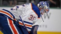 Edmonton Oilers goaltender Tristan Jarry (35) looks down during the second period against the Dallas Stars at the American Airlines Center.