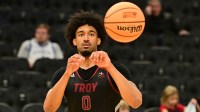 Troy Trojans forward Kerrington Kiel (0) works out during NCAA Tournament First Round Practice at Fiserv Forum.