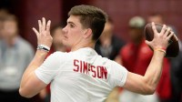 Quarterback Ty Simpson throws during Pro Day in the Hank Crisp Indoor Practice Facility at the University of Alabama.