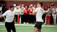 March 25, 2026; Tuscaloosa, AL, USA; Quarterback Ty Simpson throws during Pro Day in the Hank Crisp Indoor Practice Facility at the University of Alabama.