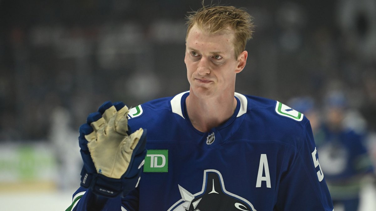 Vancouver Canucks defenseman Tyler Myers (57) warms up prior to the game against the Winnipeg Jets at Rogers Arena.