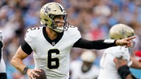 New Orleans Saints quarterback Tyler Shough (6) looks down field during the third quarter against the Tennessee Titans at Nissan Stadium in Nashville, Tenn., Sunday, Dec. 28, 2025.