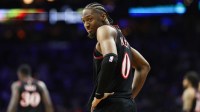 Philadelphia 76ers guard Tyrese Maxey (0) looks on after a play against the San Antonio Spurs during the second quarter at Xfinity Mobile Arena.
