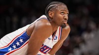 Philadelphia 76ers guard Tyrese Maxey (0) on the court during the game against the Atlanta Hawks during the second half at State Farm Arena.