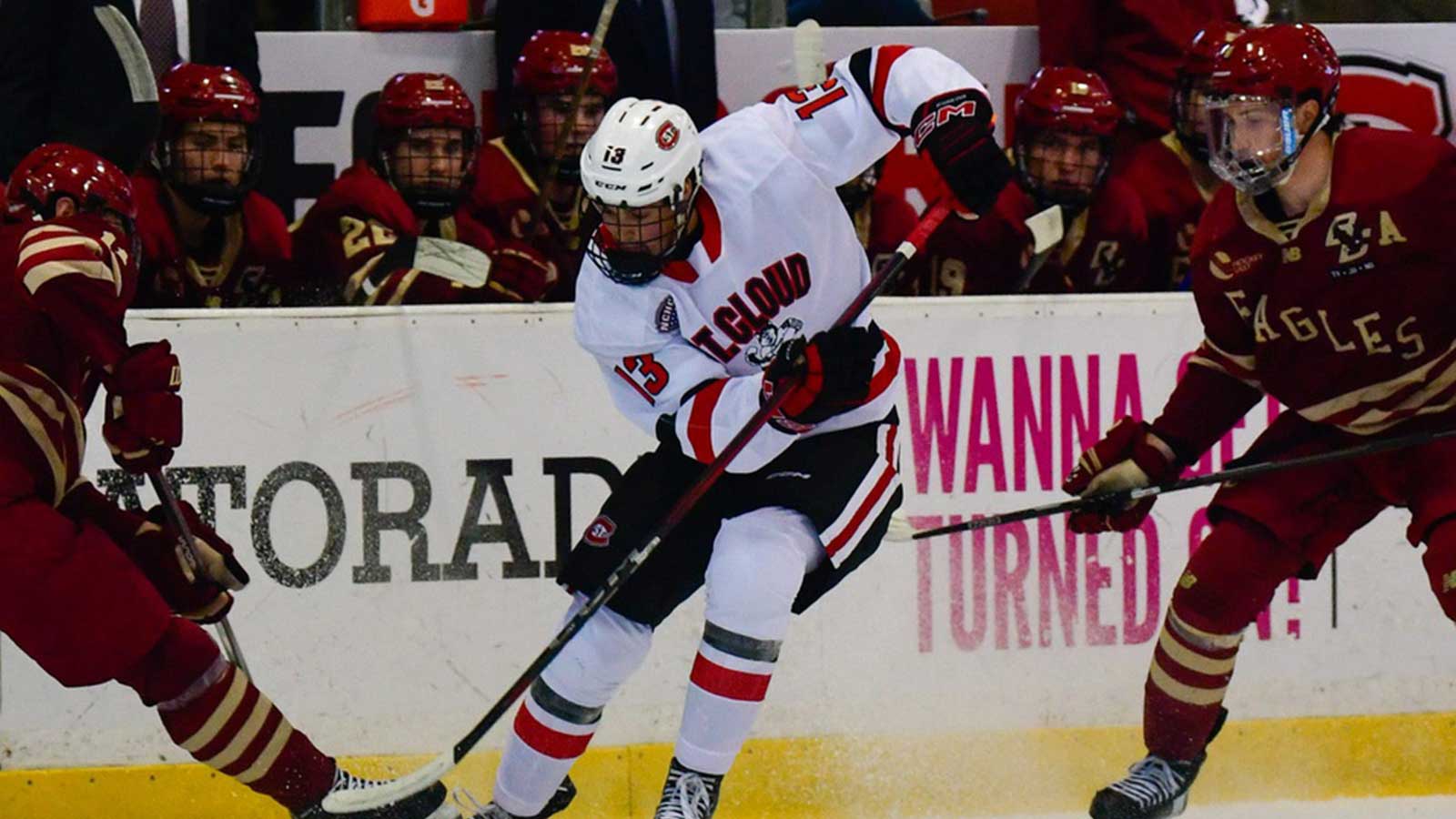 St. Cloud State hockey sophomore Tyson Gross plays during a game Nov. 2, 2024 against No. 2 Boston College at home in the Herb Brooks National Hockey Center. The Huskies lost 2-1.