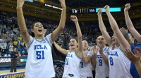 UCLA Bruins center Lauren Betts (51) celebrates with her team after defeating against the Oklahoma State Cowboys in the second round of the women’s NCAA tournament.