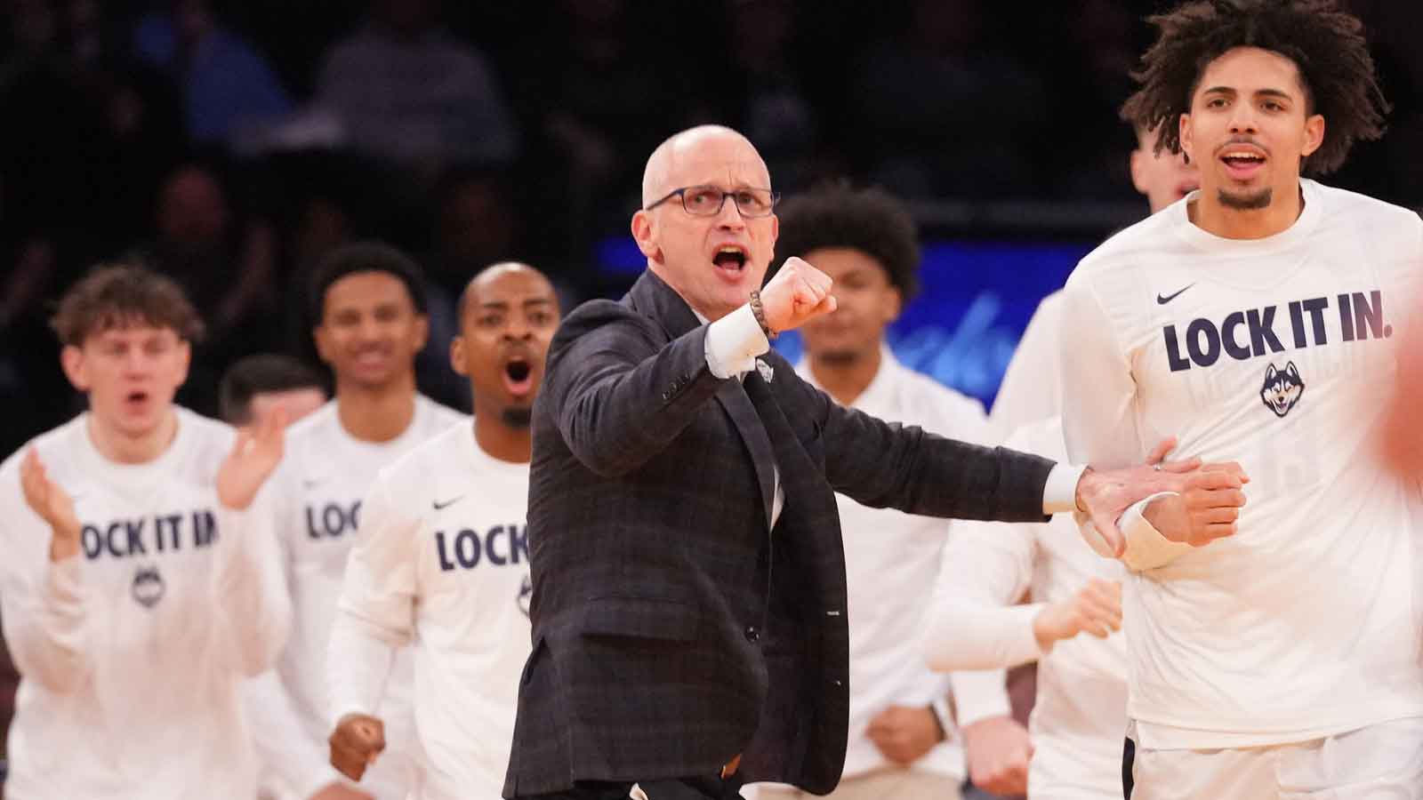 UConn Huskies head coach Dan Hurley reacts to a play against the Xavier Musketeers during the first half at Madison Square Garden.