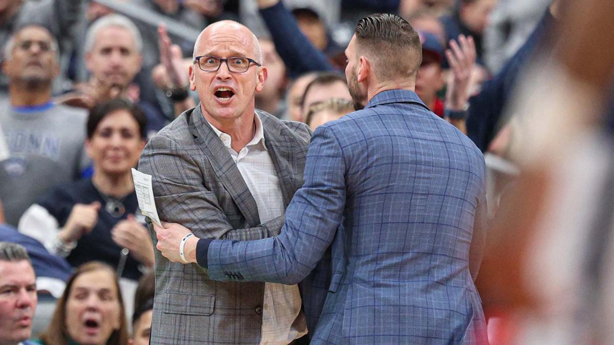 UConn Huskies head coach Dan Hurley reacts after a call during the second half of the game against the Seton Hall Pirates at Prudential Center.