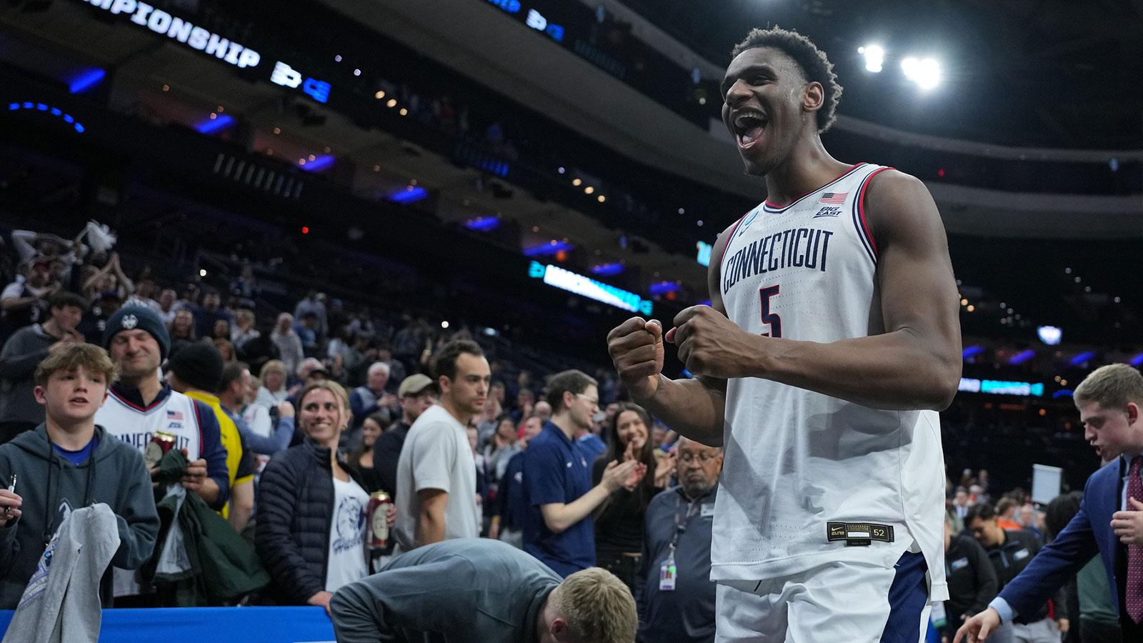  UConn Huskies forward Tarris Reed Jr. (5) reacts after defeating the UCLA Bruins in a second round game of the men's 2026 NCAA Tournament at Xfinity Mobile Arena.