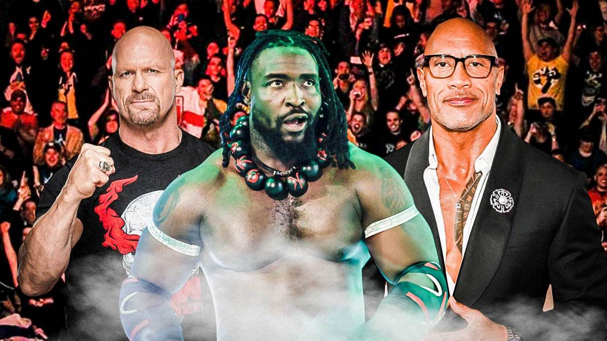 WWE star Oba Femi with WWE legends The Rock and "Stone Cold" Steve Austin