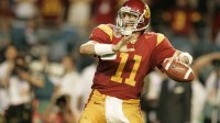 USC Trojans quarterback Matt Leinart in action during the 2005 Orange Bowl against the Oklahoma Sooners . Leinart, who threw 5 touchdowns, was named the game's MVP.