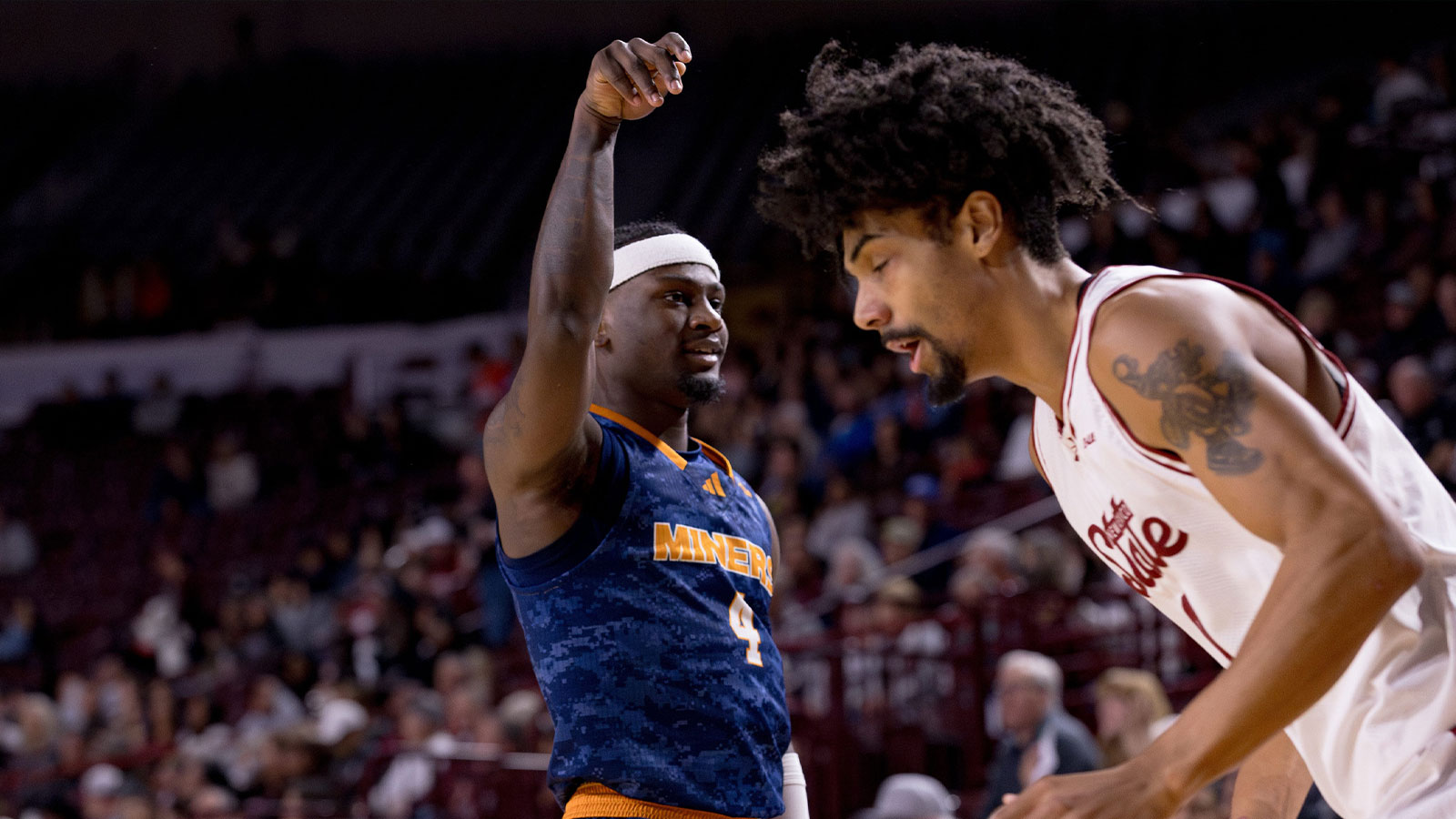 UTEP’s Caleb Blackwell (4) celebrates his three pointer during a game against NMSU at the Pan American Center in Las Cruces, New Mexico, on Saturday, Feb. 21, 2026.