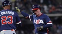 United States center fielder Pete Crow-Armstrong (4) reacts with first base