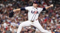 United States pitcher Tarik Skubal (27) throws a pitch against Great Britain during the first inning at Daikin Park.
