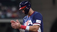 United States right fielder Aaron Judge (99) reacts during the third inning against Canada during a quarterfinal game of the 2026 World Baseball Classic at Daikin Park.