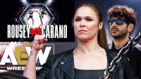 Ronda Rousey vs Gina Carano, Ronda Rousey with Tony Khan, and AEW logo