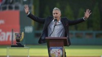 Former Philadelphia Phillies second baseman Chase Utley speaks at a ceremony celebrating his retirement before the game between the Philadelphia Phillies and the Miami Marlins at Citizens Bank Park