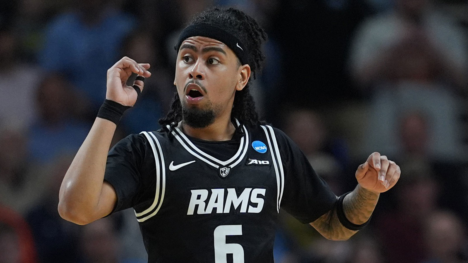 VCU Rams guard Terrence Hill Jr. (6) reacts after a play against the North Carolina Tar Heels in overtime of a first round game of the men's 2026 NCAA Tournament at Bon Secours Wellness Arena.