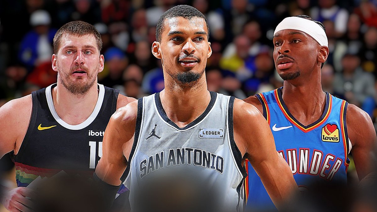 Victor Wembanyama standing with MVP candidates Nikola Jokic and Shai Gilgeous-Alexander