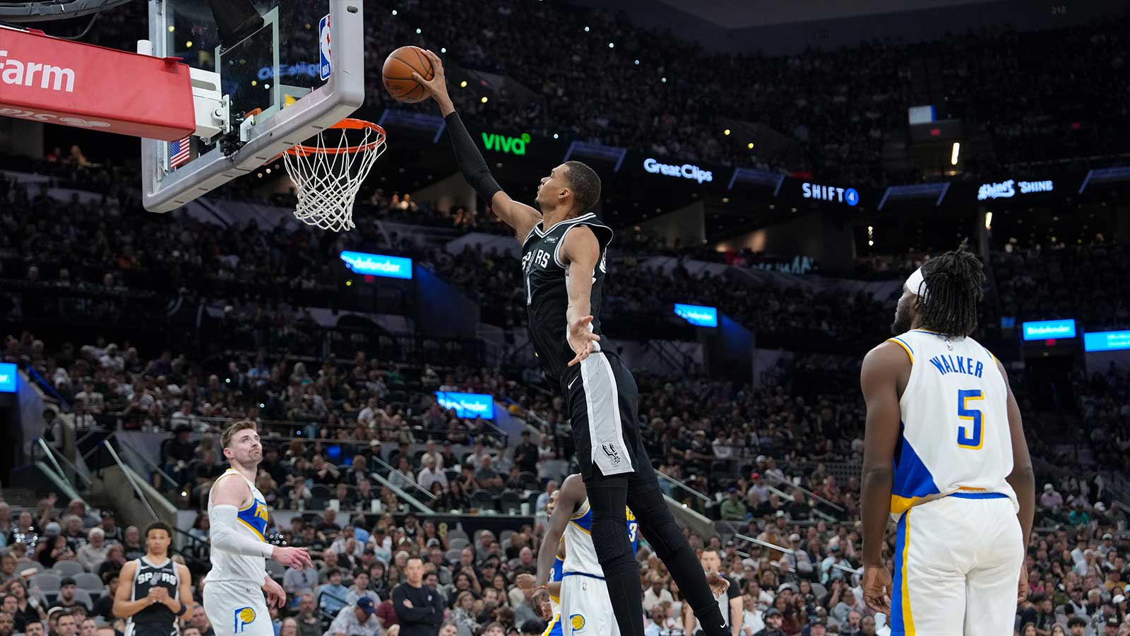 San Antonio Spurs forward Victor Wembanyama (1) goes up for a shot in the second half against the Indiana Pacers at Frost Bank Center.