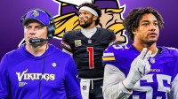 - Kyler Murray, Eric Wilson, coach Kevin O'Connell all beside each other - Minnesota Vikings logo in the background