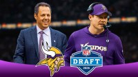 Vikings president Mark Wilf and Vikings HC Kevin O'Connell. 2026 NFL Draft logo and Minnesota Vikings logo behind them