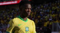 Brazil forward Vinicius Junior (7) walks off of the pitch during halftime against Colombia at Levi's Stadium.