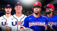 Aaron Judge and Paul Skenes in Team USA uniforms on right, Juan Soto and Fernando Tatis Jr. in Team Dominican Republic uniforms on left. Background can be loanDepot Park in Miami.