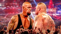 WWE stars The Undertaker and Brock Lesnar during WrestleMania 30 match.