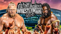WWE star and Kofi Kingston's former rival Brock Lesnar and Oba Femi with WrestleMania 42 logo and venue, Allegiant Stadium.