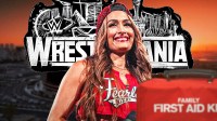 WWE Hall of Famer Nikki Bella with injury symbol, WrestleMania 42 logo, and Allegiant Stadium background.