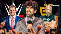 Vince McMahon, Tony Khan, and Triple H Background - WWE and AEW logos