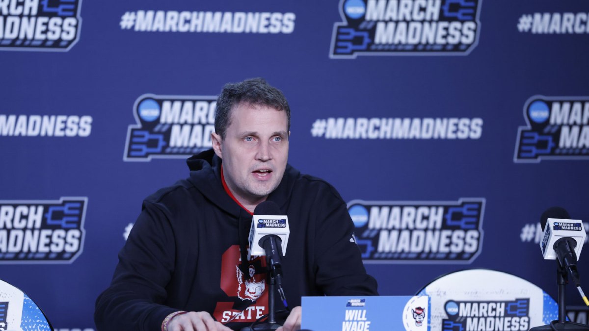 NC State Wolfpack head coach Will Wade speaks with the media during a practice session ahead of the first four of the men's 2026 NCAA Tournament at University of Dayton Arena