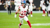 New York Giants wide receiver Wan'Dale Robinson (17) runs with the ball after a catch in the second quarter against the Las Vegas Raiders at Allegiant Stadium.