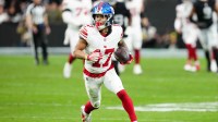 New York Giants wide receiver Wan'Dale Robinson (17) runs with the ball after a catch in the second quarter against the Las Vegas Raiders at Allegiant Stadium. Mandatory Credit: Stephen R. Sylvanie-Imagn Images