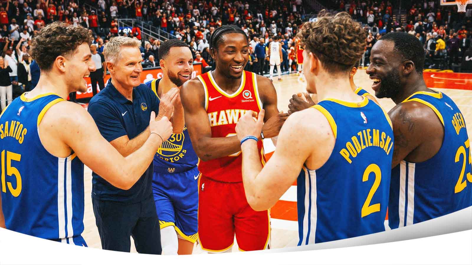 Jonathan Kuminga in a Hawks uniform dapping up Warriors Steph Curry, Draymond Green, Gui Santos, Brandin Podziemski and Steve Kerr