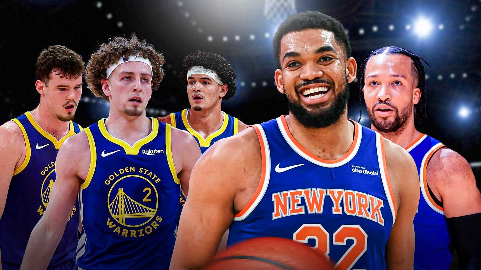 Brandin Podziemski, Quinten Post and Gui Santos sad as KAT and Jalen Brunson celebrate the win