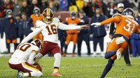 Washington Commanders kicker Jake Moody (16) kicks the game tying field goal in the final seconds in the fourth quarter at Northwest Stadium.