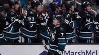 San Jose Sharks center Macklin Celebrini (71) celebrates with teammates after scoring a second goal of the game during the first period against the St. Louis Blues at SAP Center at San Jose.