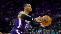 Sacramento Kings guard Russell Westbrook (18) passes the ball during the third quarter against the San Antonio Spurs at Golden 1 Center.