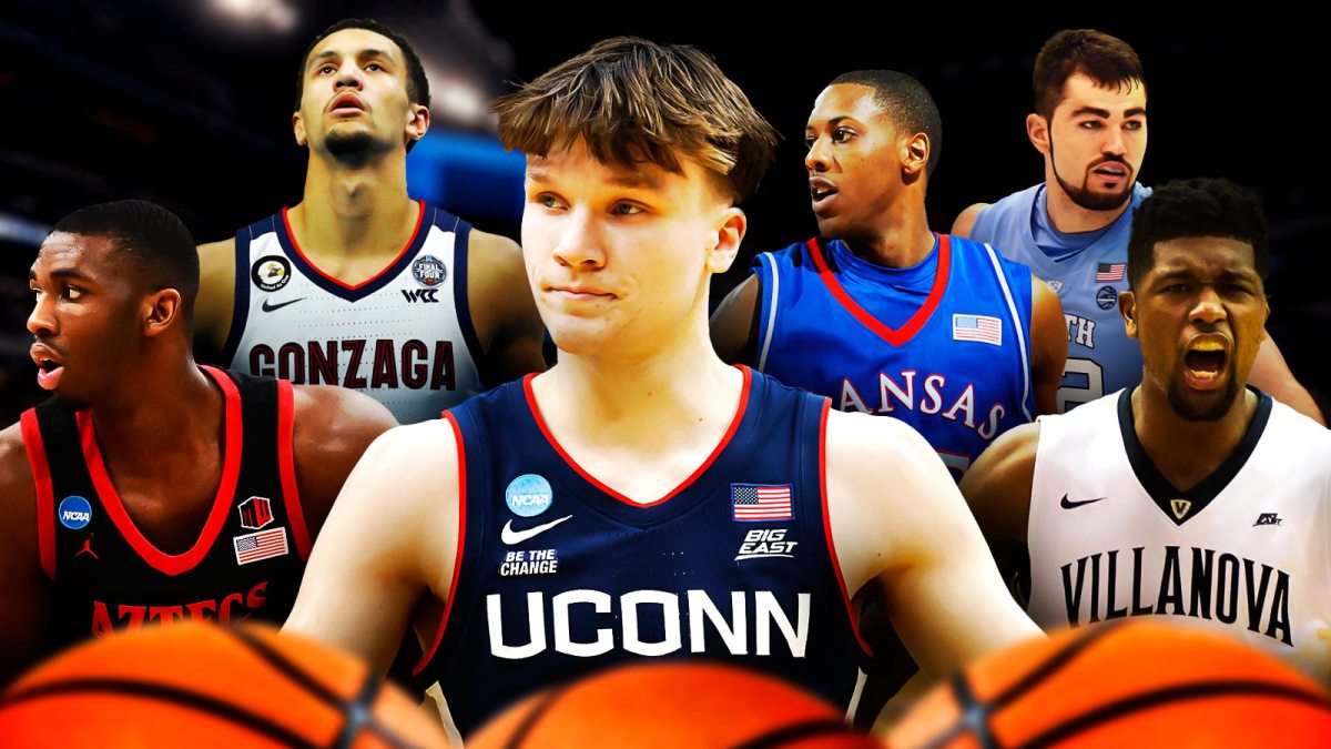 In front, center: UConn's Braylon Mullins Behind him: San Diego State G Lamont Butler, Gonzaga G Jalen Suggs, Villanova F Kris Jenkins, Kansas G Mario Chalmers, North Carolina F Luke Maye